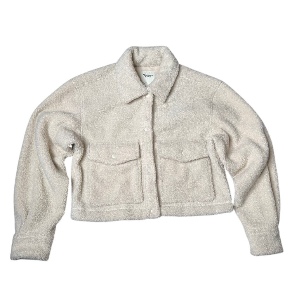 Abercrombie & Fitch Cropped Sherpa Fleece Teddy Jacket Shacket Cream Medium - Picture 4 of 12